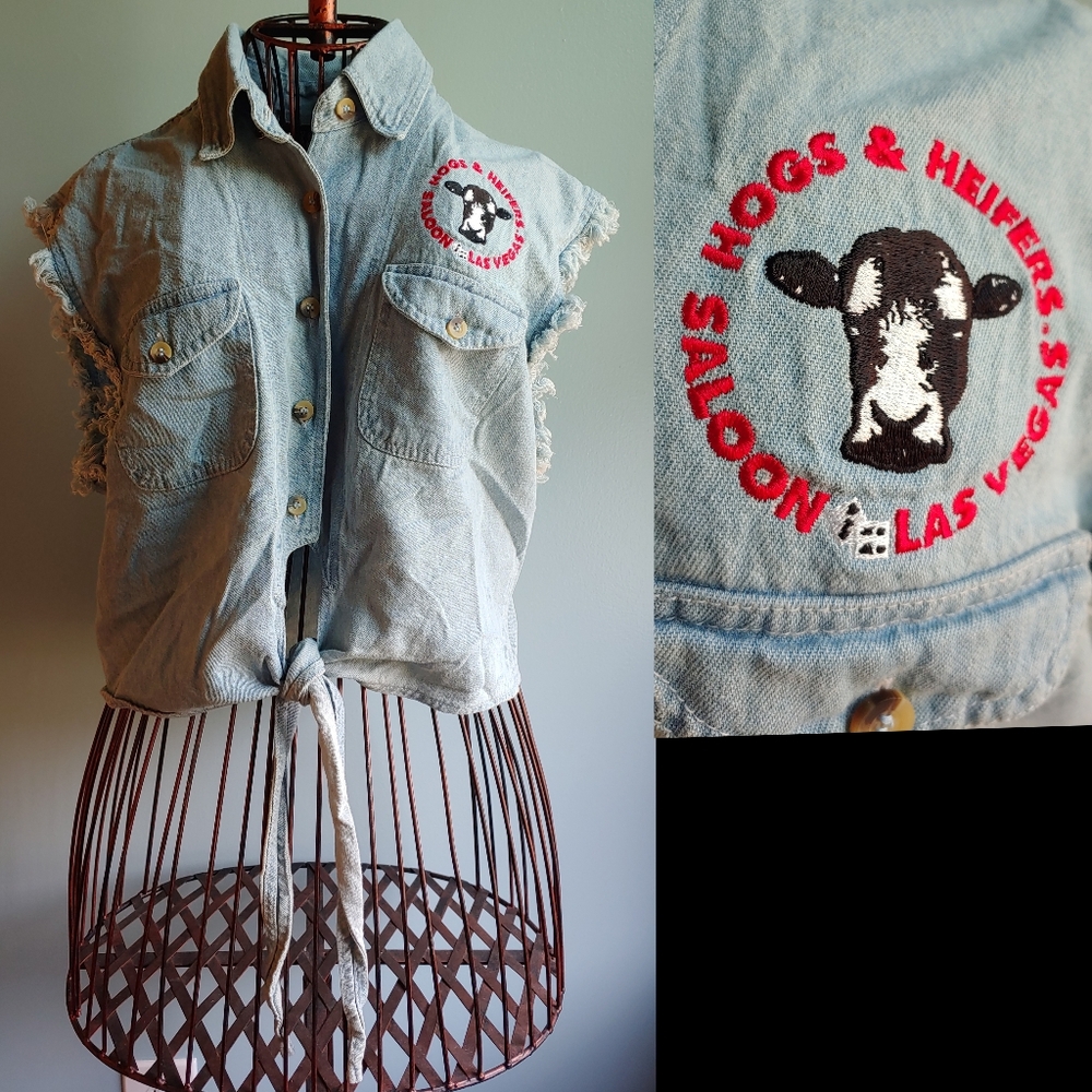 Hogs & Heifers Saloon Distressed Denim Cropped Shirt Top Biker Western Bikercore